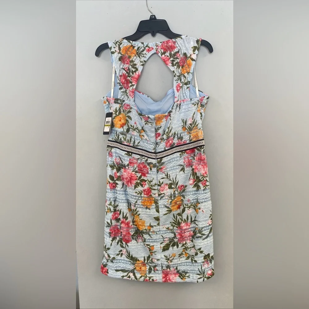 Guess Blue Lace Floral Mini Bodycon Dress Keyhole Back Sleeveles Lattice Size 14 - Picture 2 of 12